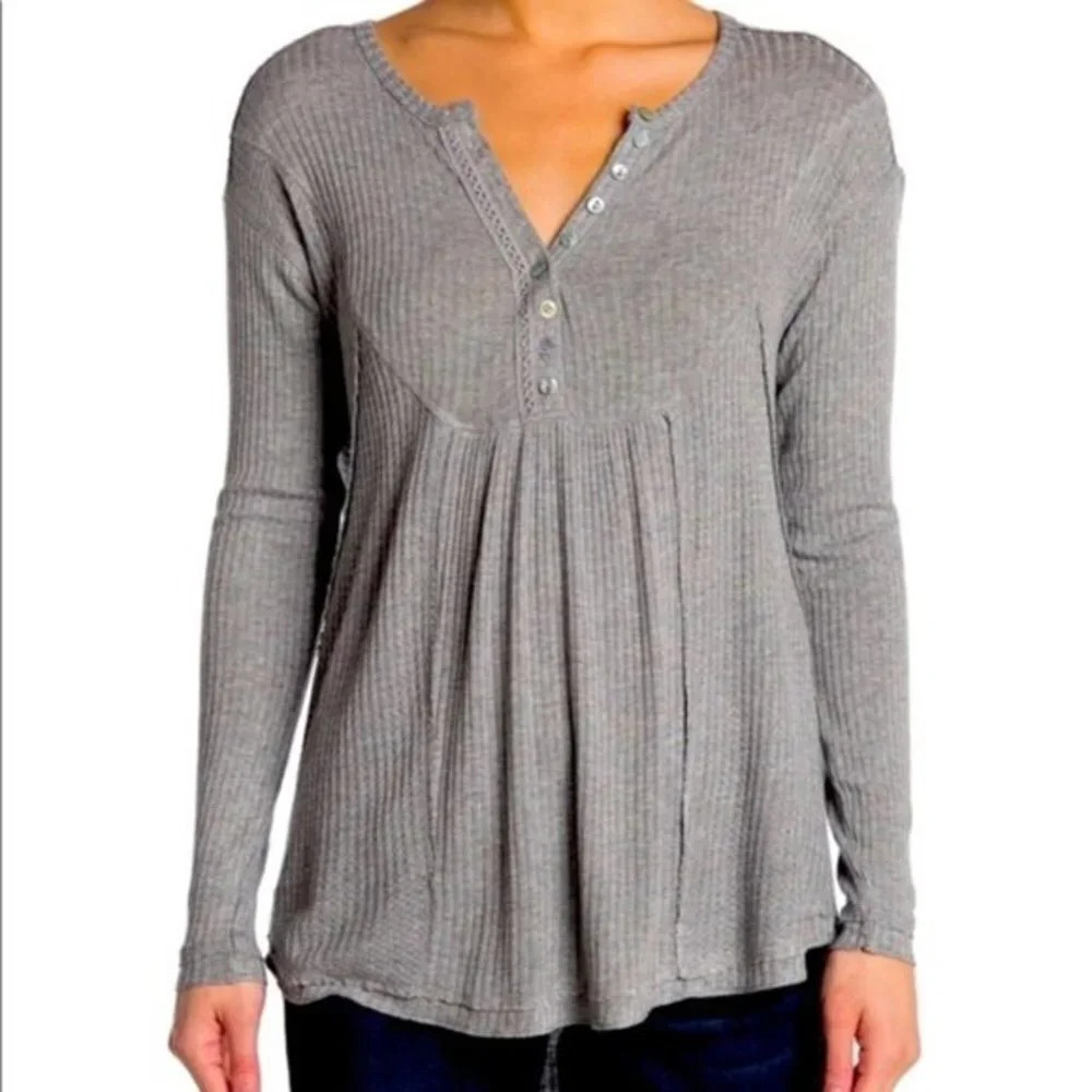Sweet Romeo Waffle Knit Oversized Henley Light Heather Grey Top Boho Tunic